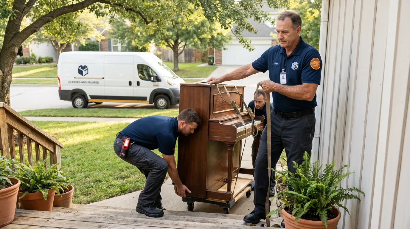Licensed piano movers securing grand piano in Harrison, ME