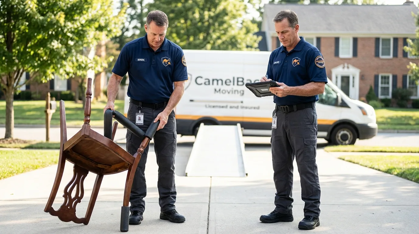 Movers inspecting furniture for damage prevention before loading in Harrison, ME